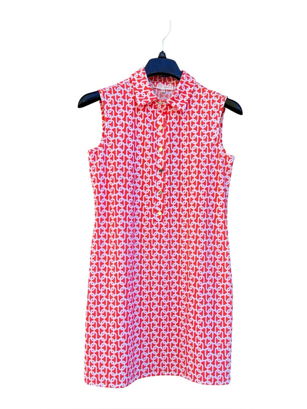 Jude Connally Geometric Chain Mini Polo Dress Sleeveless Red-Orange & White